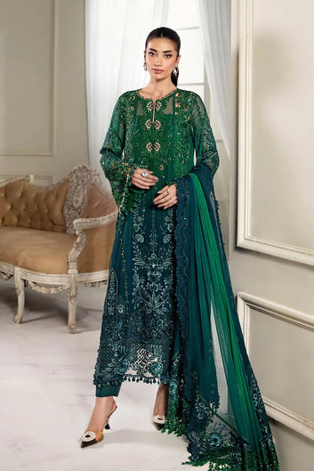 Emerald Elegance – Luxury Embroidered Chiffon 3-Piece Suit