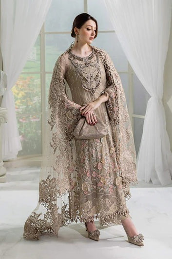 Coffee Elegance – Embroidered Chiffon 3-Piece Suit