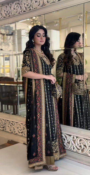 Embroidered Black Formal Long Shirt – 3PC with Gold Detailing