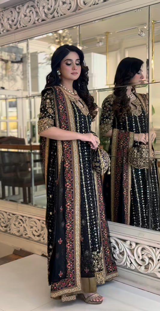 Embroidered Black Formal Long Shirt – 3PC with Gold Detailing
