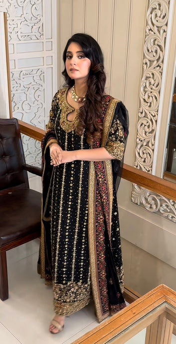 Embroidered Black Formal Long Shirt – 3PC with Gold Detailing