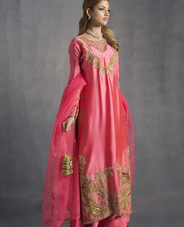 Embroidered Pink Formal Ensemble – 3PC with Golden Handwork