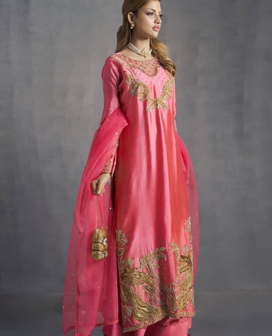 Embroidered Pink Formal Ensemble – 3PC with Golden Handwork