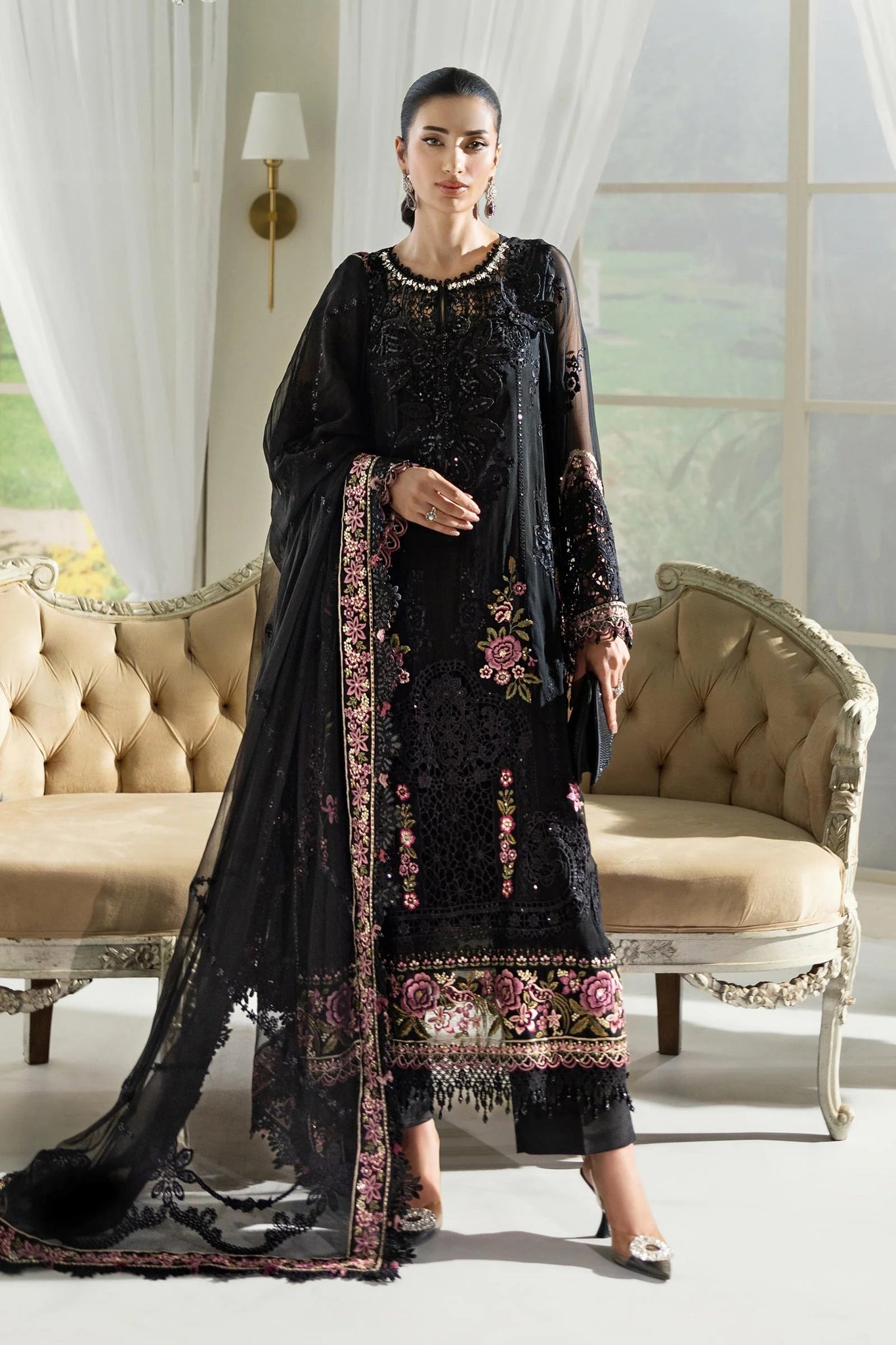 Midnight Bloom – Luxury Embroidered Chiffon 3-Piece