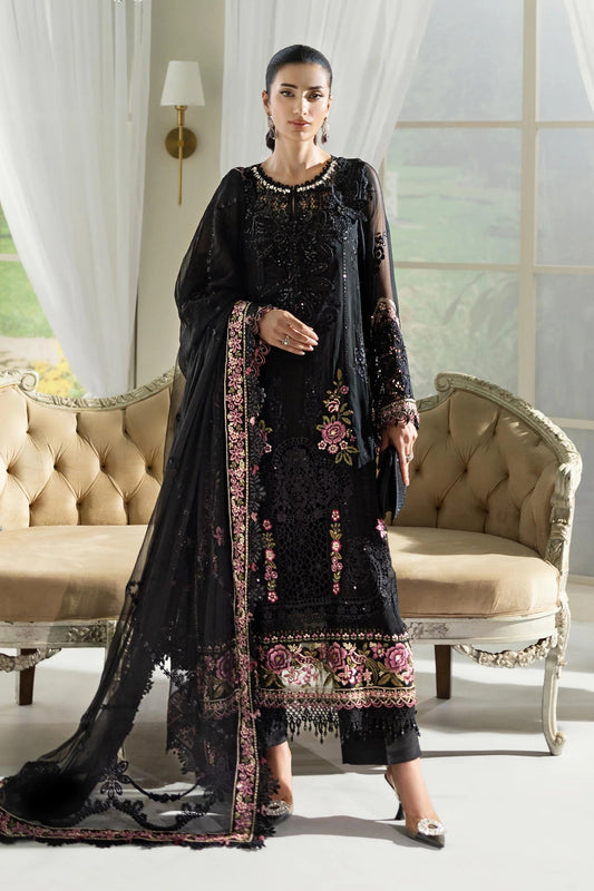 Midnight Bloom – Luxury Embroidered Chiffon 3-Piece