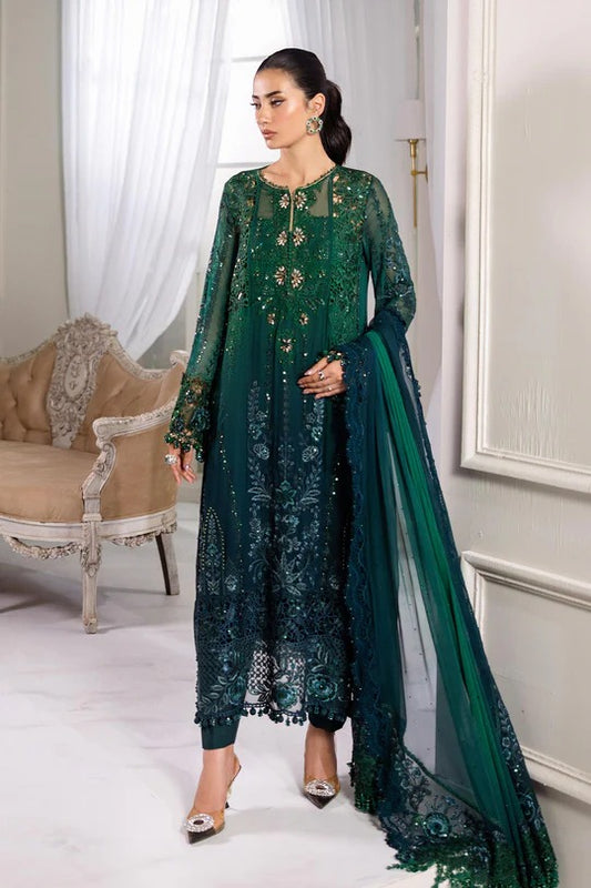 Emerald Elegance – Luxury Embroidered Chiffon 3-Piece Suit