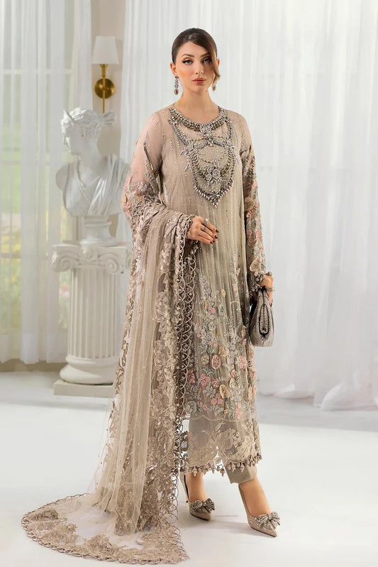 Coffee Elegance – Embroidered Chiffon 3-Piece Suit